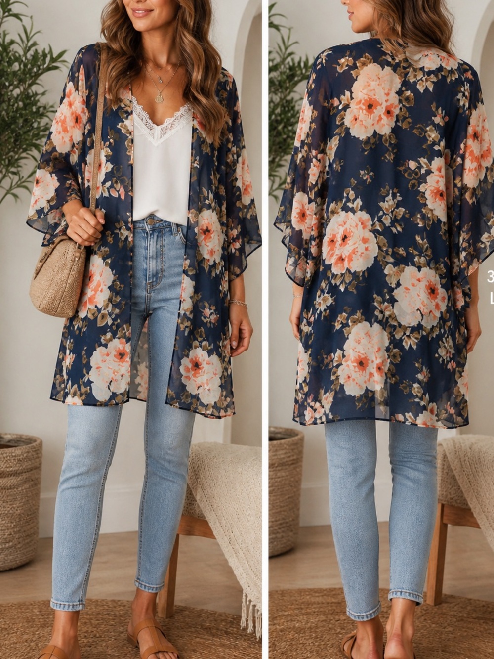 Emory Park Navy Floral Sheer Kimono Cardigan Boho Layering Top